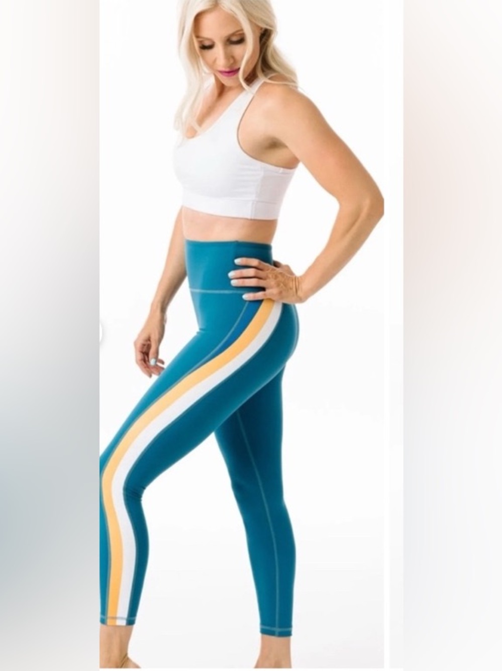 Zyia Active High-Waist Teal Stripe Active Leggings - Women